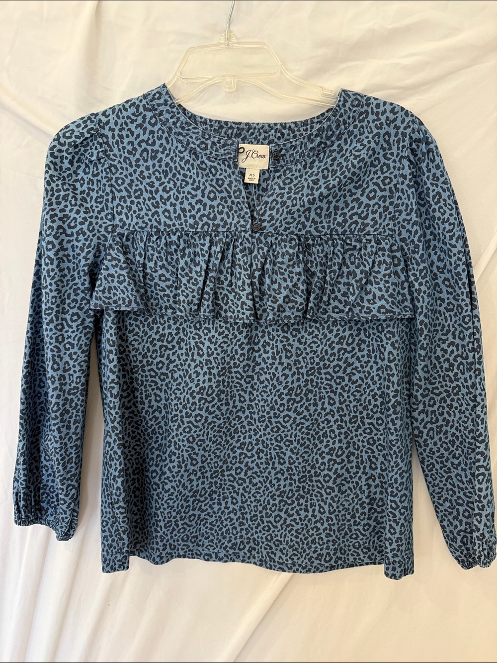 JCrew blue cheetah leopard print long sleeve length ruffle blouse womens Xs - Picture 2 of 4